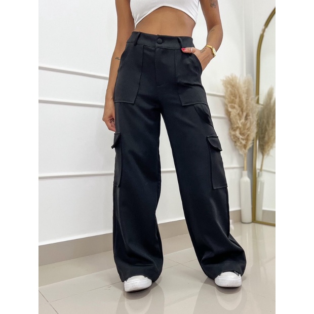 Calça Cargo Pantalona Normal e Plus Size Feminina Tecido Alfaiataria Com Elástico Atras em Oferta na Shopee