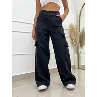 Calça Cargo Pantalona Normal e Plus Size Feminina Tecido Alfaiataria Com Elástico Atras em Oferta na Shopee