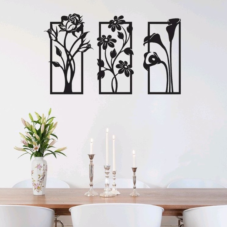 Kit 3 Quadros Decoração Quarto Sala Kit Flores Mdf Aplique De Parede Vazado Decorativo Hall De Entrada Escritório Decoração Moderna Quadro Florido Rosas Madeira Mdf 3mm