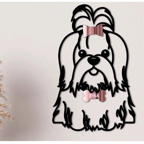 Quadro Decorativo Cachorro Maltês Aplique De Parede Vazado Decoração Sala Quarto Cozinha Dog Madeira Mdf 3mm e Acrílico