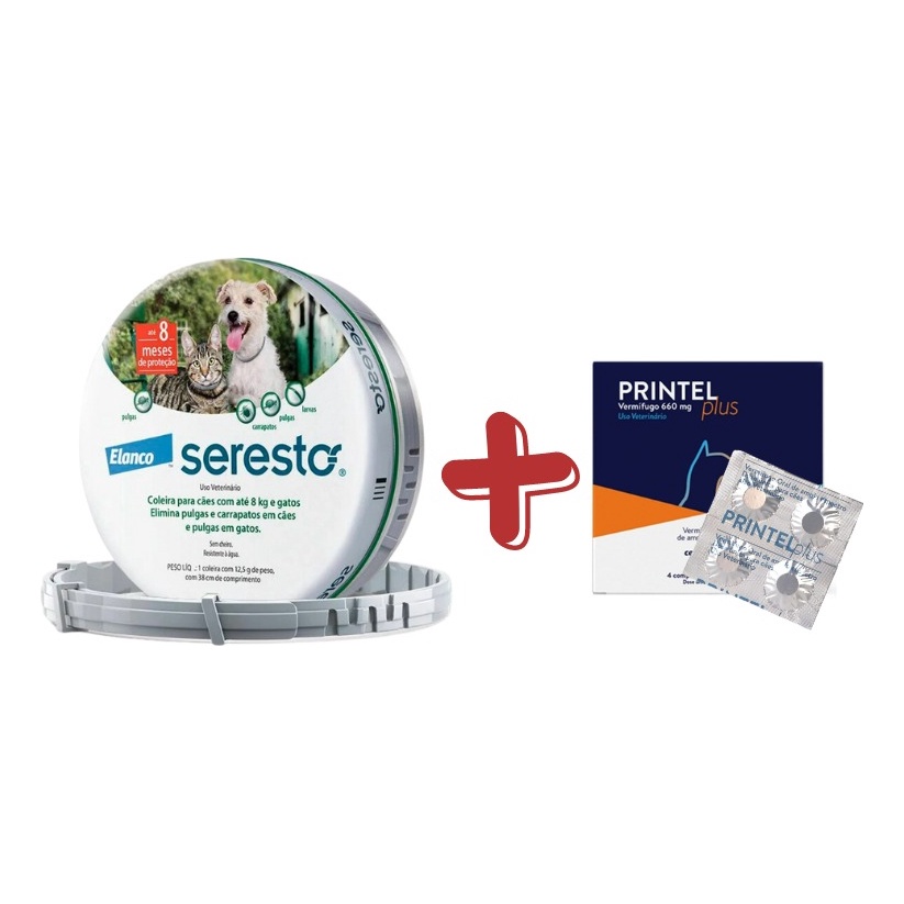 Kit Seresto Coleira Antipulgas Cães até 8kg + Vermífugo Printel Plus 4 Comprimidos