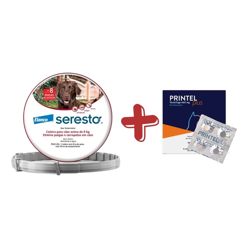 Kit Seresto Coleira Antipulgas Cães acima de 8kg + Vermífugo Printel Plus 4 Comprimidos