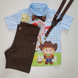 Conjunto Temático Fazendinha Completo Infantil Camisa  Short Suspensório e  Gravata Tecido de Altíssima Qualidade em Oferta na Shopee