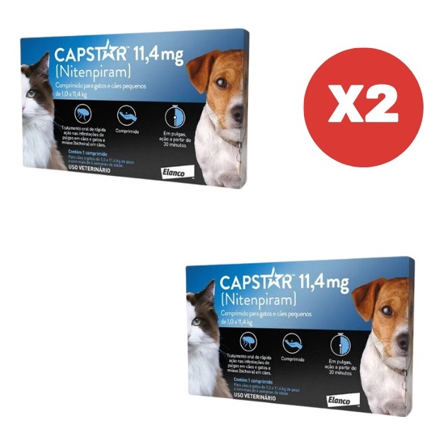 Kit 2 Capstar Antipulgas 11mg 1 Comprimido para Cães Gatos de até 11,4kg Elanco em Oferta na Shopee