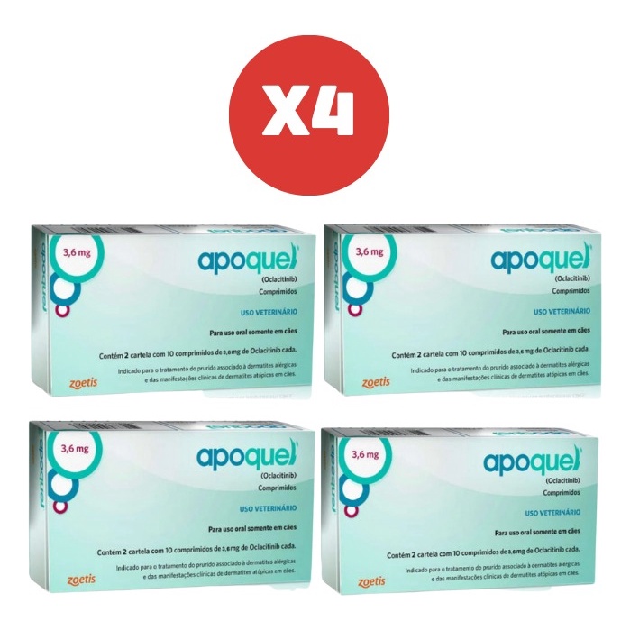 Kit 4 Apoquel 3,6mg 20 Comprimidos Dermatológico para Cães Zoetis - Pets
