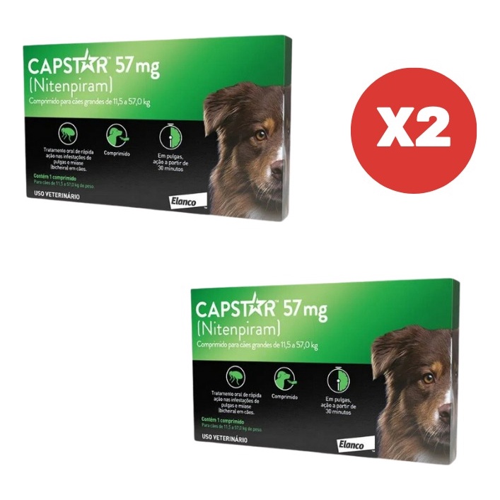 Kit 2 Capstar Antipulgas 57mg 1 Comprimido para Cães Gatos de 11 a 57kg Elanco - Pets
