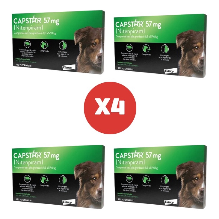 Kit 4 Capstar Antipulgas 57mg 1 Comprimido para Cães Gatos de 11 a 57kg Elanco em Oferta na Shopee
