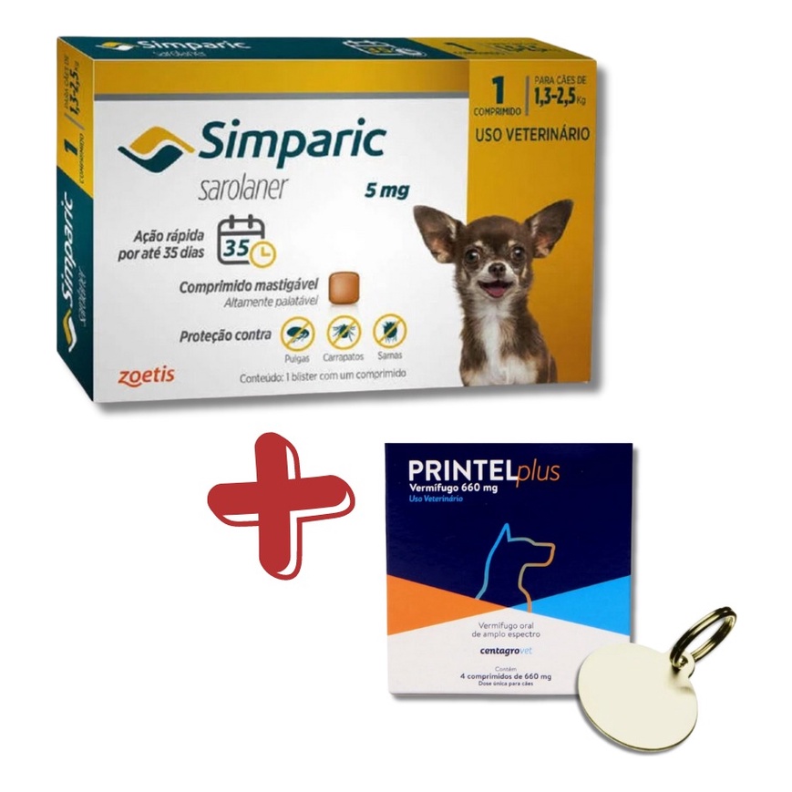 Kit Simparic Cães de 1,3 a 2,5kg 1 Comprimido + Vermífugo Printel Plus e Medalha de identificação (PRINTEL PLUS CARTELA) - Pets