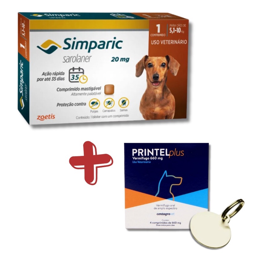 Kit Simparic Cães de 5,1 a 10kg 1 Comprimido + Vermífugo Printel Plus e Medalha de identificação (PRINTEL PLUS CARTELA) - Pets