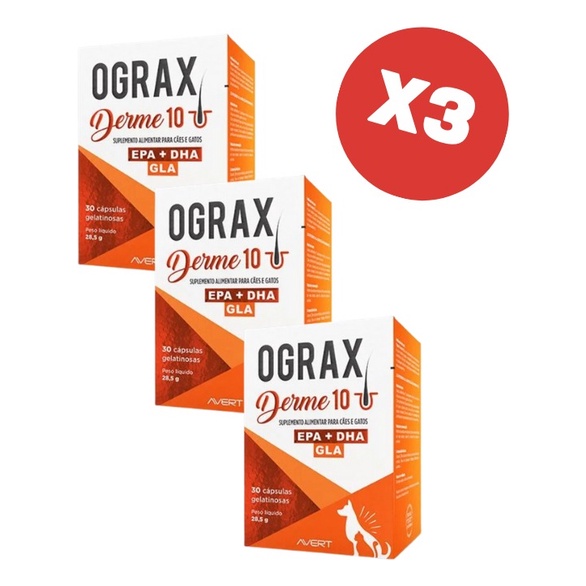 Kit 3 Ograx Derme 10 30 Cápsulas Suplemento para Cães e Gatos Avert
