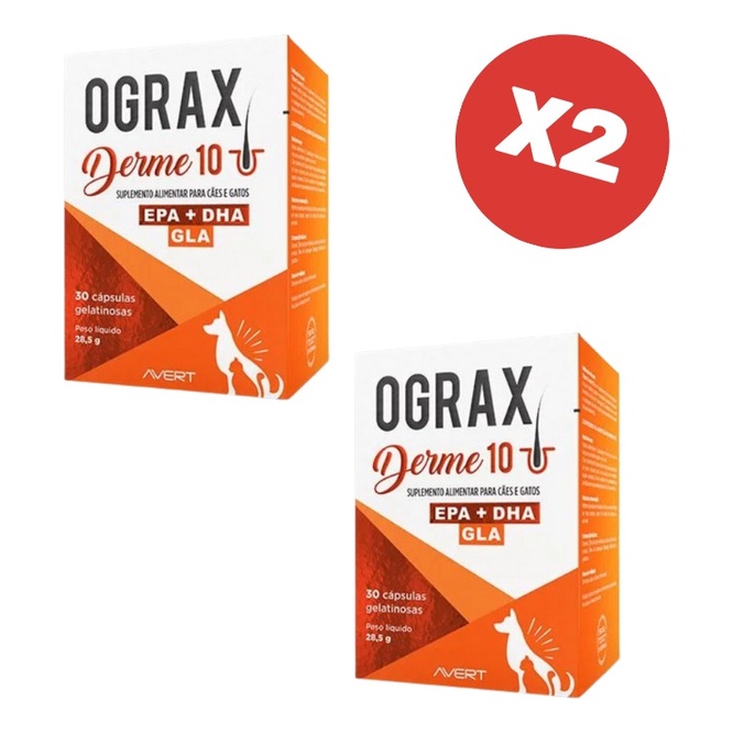 Kit 2 Ograx Derme 10 30 Cápsulas Suplemento para Cães e Gatos Avert