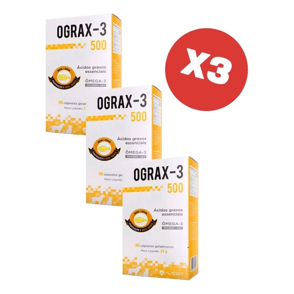 Kit 3 Ograx-3 500mg 30 Cápsulas Suplemento para Cães e Gatos Avert