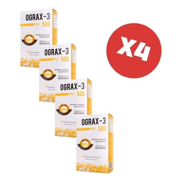 Kit 4 Ograx-3 500mg 30 Cápsulas Suplemento para Cães e Gatos Avert - Pets