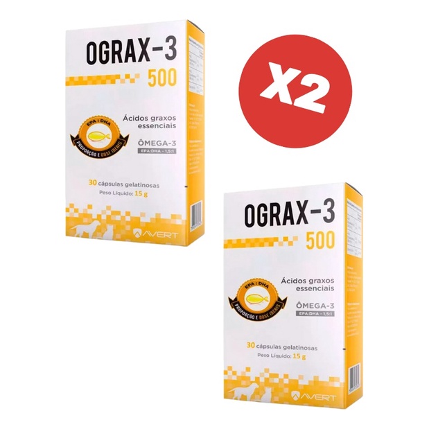 Kit 2 Ograx-3 500mg 30 Cápsulas Suplemento para Cães e Gatos Avert