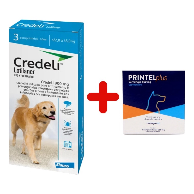 Kit Credeli Antipulgas 3 Comprimidos Cães de 22 a 45kg + Vermífugo Printel Plus 4 Comprimidos