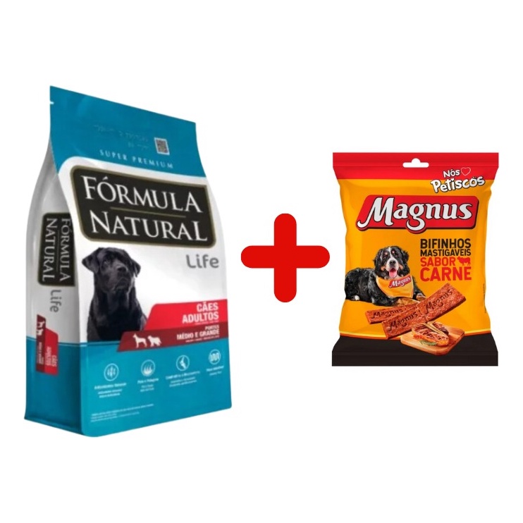 Kit Ração Fórmula Natural Life Cães Adultos Médio Grande 15kg + Magnus Bifinhos Master Carne 500g - Pets