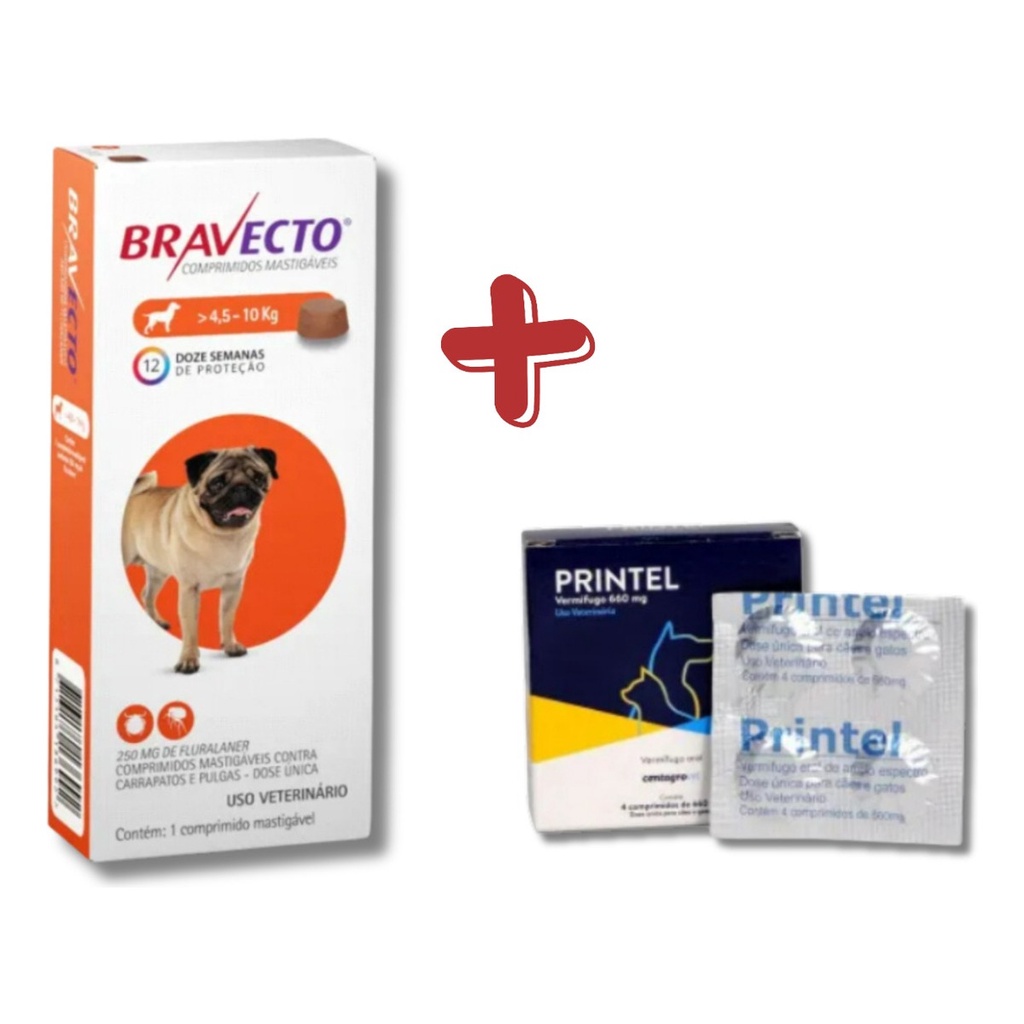Kit Bravecto Antipulgas Cães de 4,5 a 10kg + Vermífugo Printel 4 Comprimidos - Pets