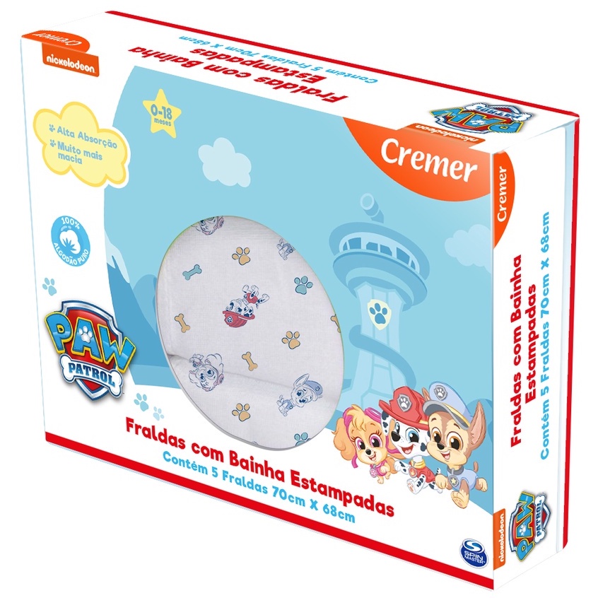 Fralda de Pano Patrulha Canina Com bainha Cremer 70x68 100% Algodão 52 fios/cm²