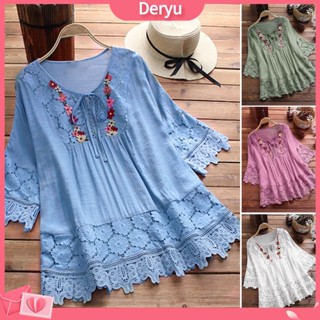 [deryu] Camisa De Verão Com Laço Em V 3/4 Mangas Vintage Renda Patchwork Bordado Flor Decoração Blusa Vestuário Feminino