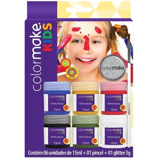 Kit de Pintura Facial Líquida Kids com Pincel e Glitter 6 Cores - Marca Colormake para Diversão Segura e Criativa das Crianças