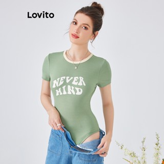 Lovito Fofo Body Feminino com Texto e Costura Contrastante L54ED067 (Verde)