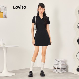 Lovito Casual Vestido Feminino Liso Mini Skatista de Manga Curta com Decote V e Gola L53AD035 (Preto)