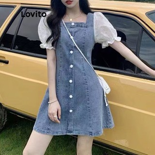 Lovito Casual Vestido Jeans Feminino Liso Lavado de Manga Curta LNA07101 (Azul)