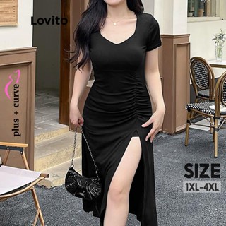 Lovito Vestido com Ruchados Divididos e Lisa Casual Plus Size Curve para Mulheres LPS11054 (Preto)