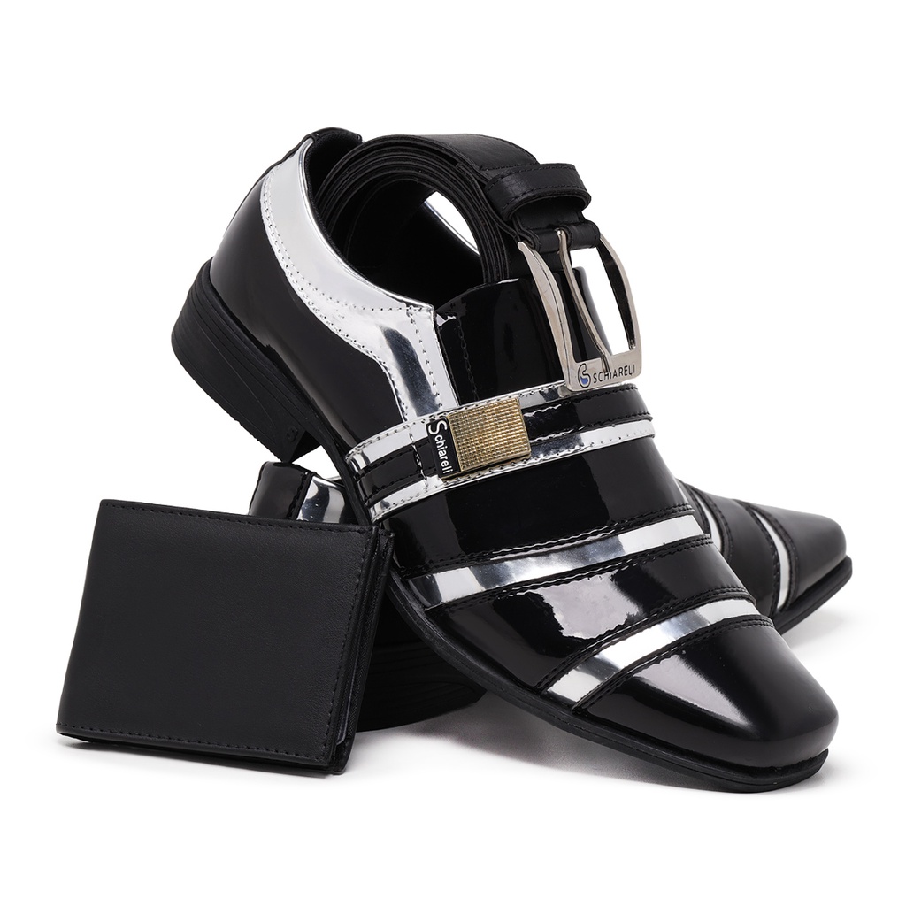 Kit Sapato Social Italiano 853 Preto Prata Com Cinto Carteira Conforto Verniz Brilho Casamento