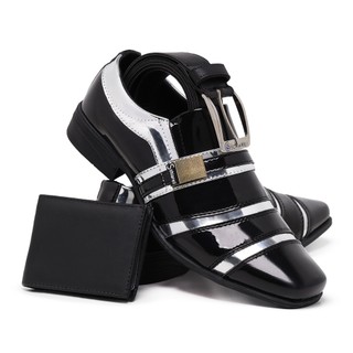Kit Sapato Social Italiano 853 Preto Prata Com Cinto Carteira Conforto Verniz Brilho Casamento