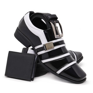 Kit Sapato Social Italiano 853 Preto Branco Com Cinto E Carteira Masculino Conforto Casual Verniz Brilho Moderno Casamento
