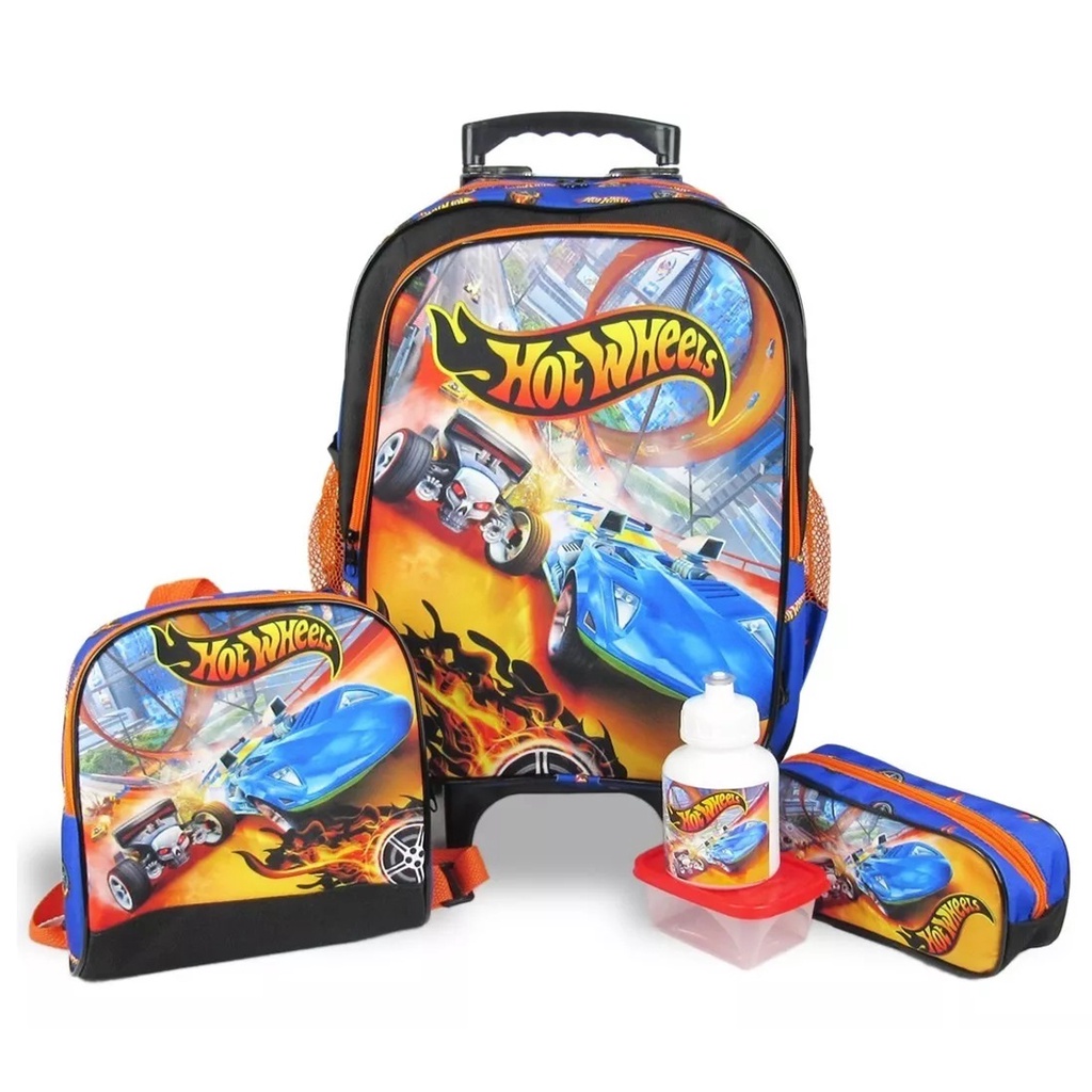 Kit Mochila Escolar HotWheels - Tam G Resistente de Rodinhas / Carrinho, Lancheira Térmica e Estojo Escolar