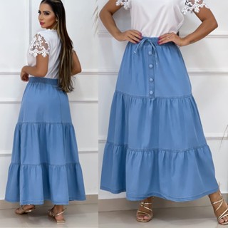 Saia Gode Moda Evangelica Saia Longa Jeans 3 Maria Cintura Alta Elastico na Cintura