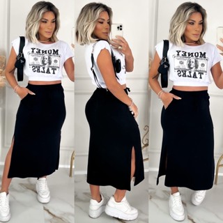 Conjunto Cropped e Saia Midi liso Blogueira Novo