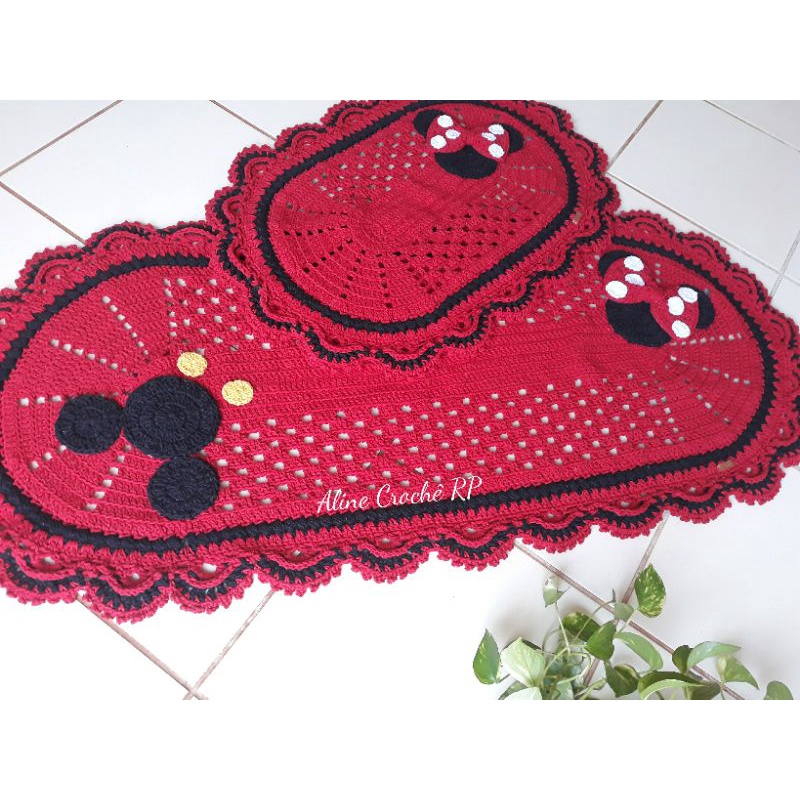 Jogo de Cozinha Minnie Crochê - Jogo de barbante em Croche - Tapete de Crochê