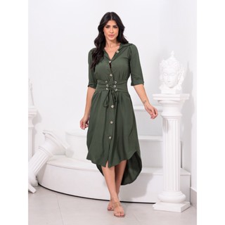 Vestido Casual Espartilho Camisão Chemise Amarrar Com Cinto Moderno
