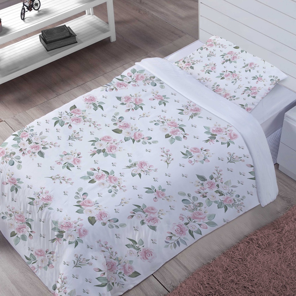 Edredom Infantil + Fronha Kit Solteiro Floral 100% Algodão - E444