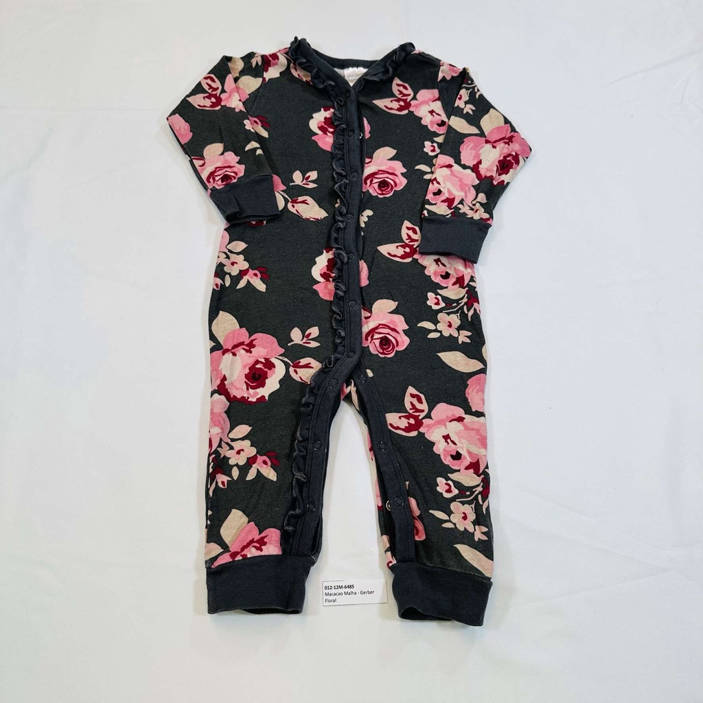 Macacao Malha - Floral - Gerber - Tamanho 12M == peça Seminova - COD 6485