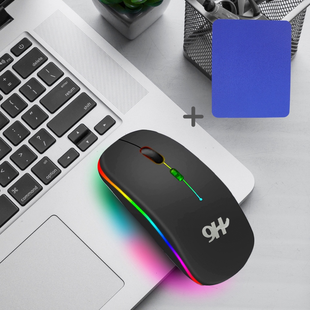 Kit Mousepad Impermeavél Azul Escuro + Mouse Sem fio Preto 1200dpi Wireless Recarregável Led Rgb Clique Silencioso Gamer Home Office Ergonômico Óptico Ultrafino Slim PC Computador Notebook