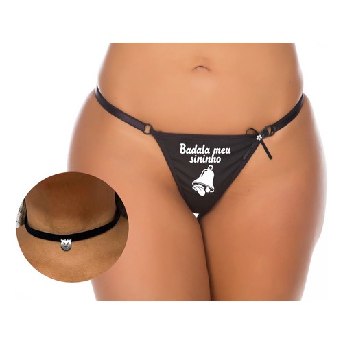 Calcinha  Fio Dental Frases + Gargantilha Hotwife Cuckhold