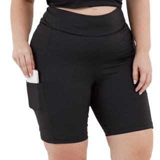 Bermuda Feminina Academia Shorts Com Bolsos Laterais Cós Alto Plus Size Preto 3039A