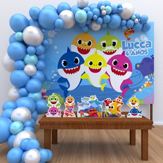 Kit Ouro Personalizado Festa Aniversário Baby Shark azul Decoração Cenários