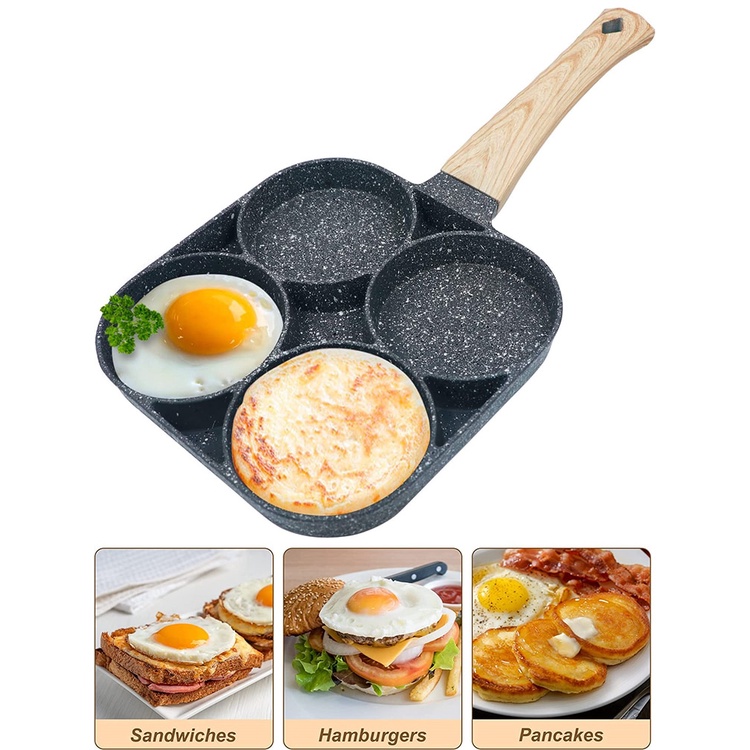 Frigideira Antiaderente 4 Partes Hambúrguer Ovo Alça Madeira