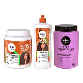 Kit com Creme Para Pentear e Ativador de Cachos SOS Cachos Coco + Máscara SOS Hidratação Bio-Reconstrução Salon Line