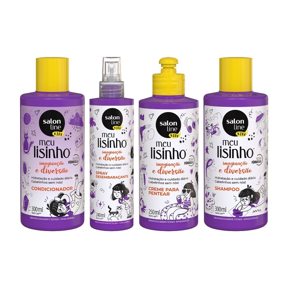 Kit Kids com Shampoo + Condicionador + Creme para Pentear + Spray Desembaraçante Meu Lisinho Salon Line