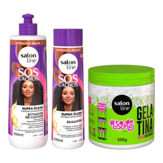 Kit para cacheadas com Shampoo, Ativador e Gelatina Salon Line
