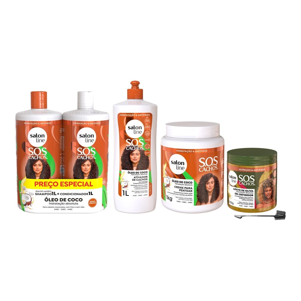 Kit SOS Cachos Coco Familia + Gel Definidor Azeite de Oliva + Pente Baby Hair Salon Line