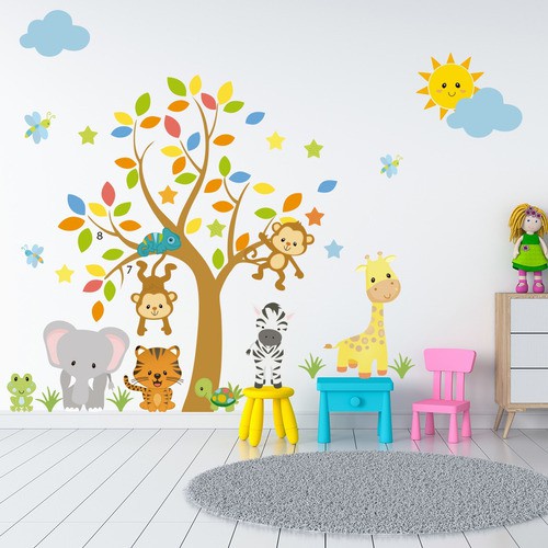 Adesivo de Parede Infantil Árvore Safari Zoo Animais - Decoração Quarto Bebê Menino Menina Removível