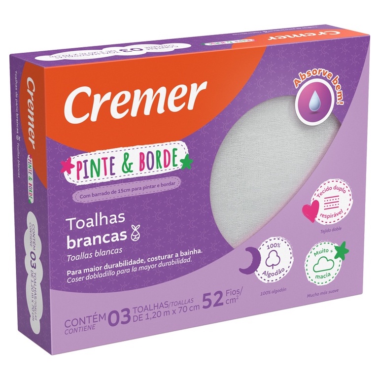 Toalha de Fralda Branca Pinte e Borde 100% algodão Cremer 52 fios/cm² com Barrado para Pintar/Bordar