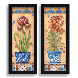 Kit 2 Quadros Decorativos Lavabo Banheiro Sala Cozinha Retro Vaso de Flores Vintage Bege Pintura Premium Elegante preto